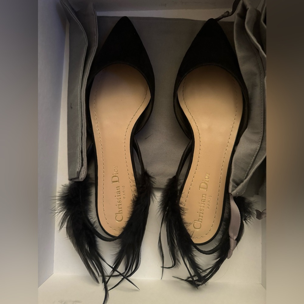 Dior Ethnie black suede + feather flats (37) - Brand New NWT